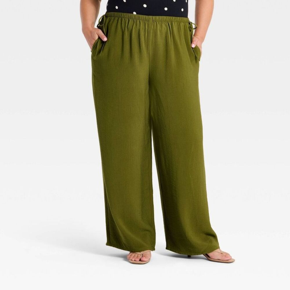Women's Low-Rise Modern Gauze Side-Tie Pants - A New Day Olive Green 1X